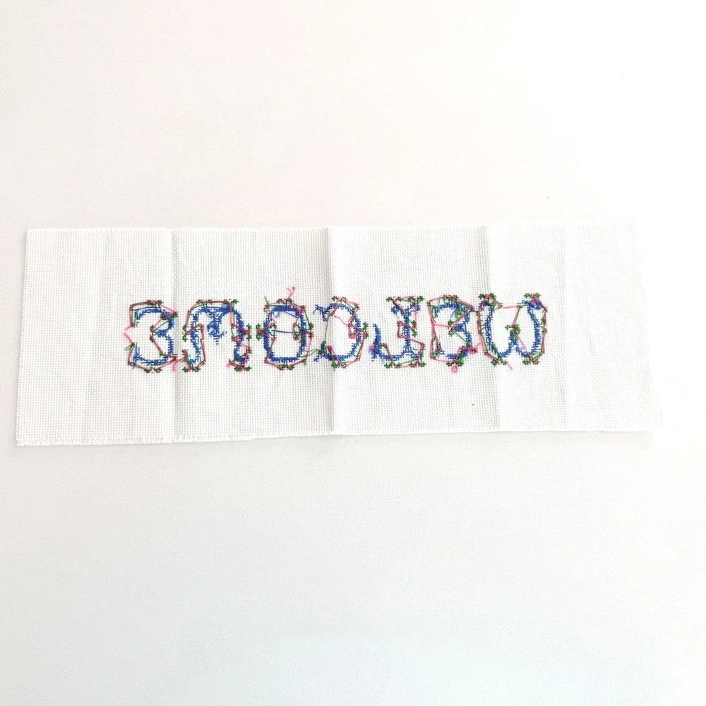 Handmade Welcome Cross Stitch Embroidery Sampler Blue Floral Decor‎ 17.5x6